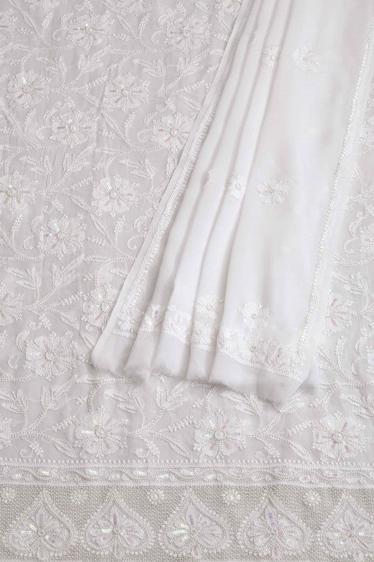 Ada Hand Embroidered White Georgette Lucknowi Chikan Unstitched Kurta Dupatta Set - A586221