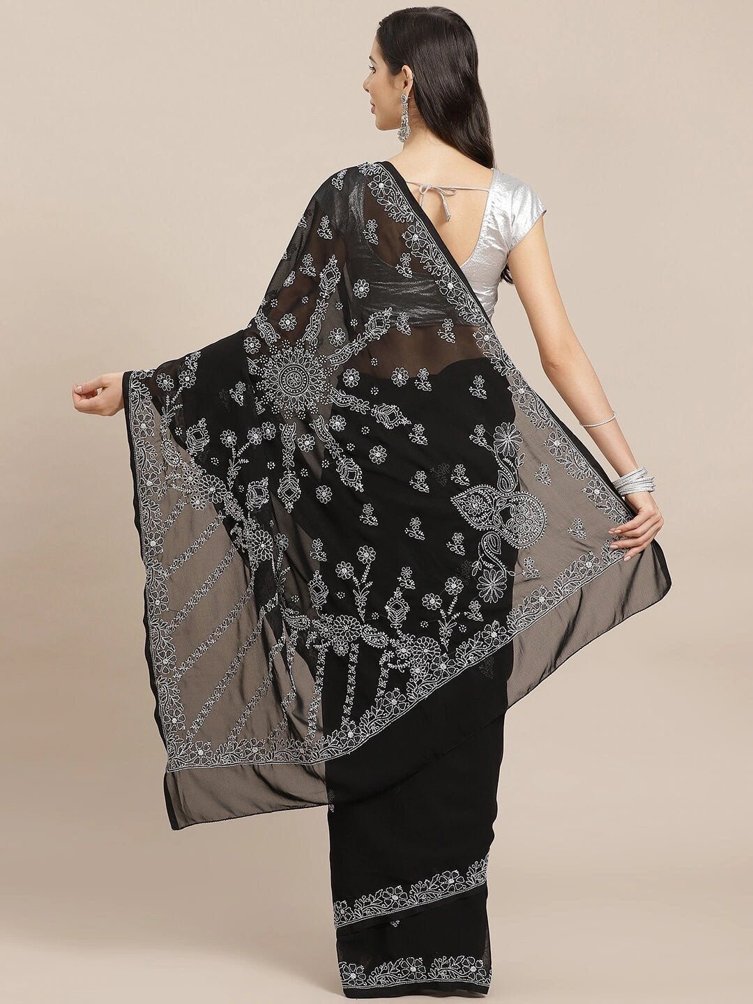 Ada Hand Embroidered Black Georgette Lucknow Chikan Saree With Blouse A130251