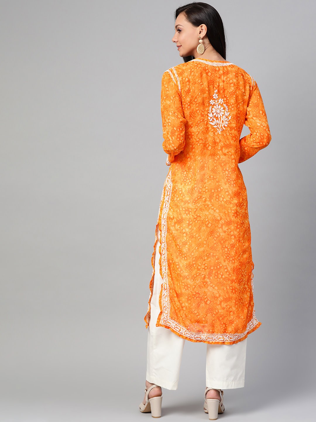 Ada Hand Embroidered Orange Faux Georgette Lucknow Chikankari Kurta- A100463