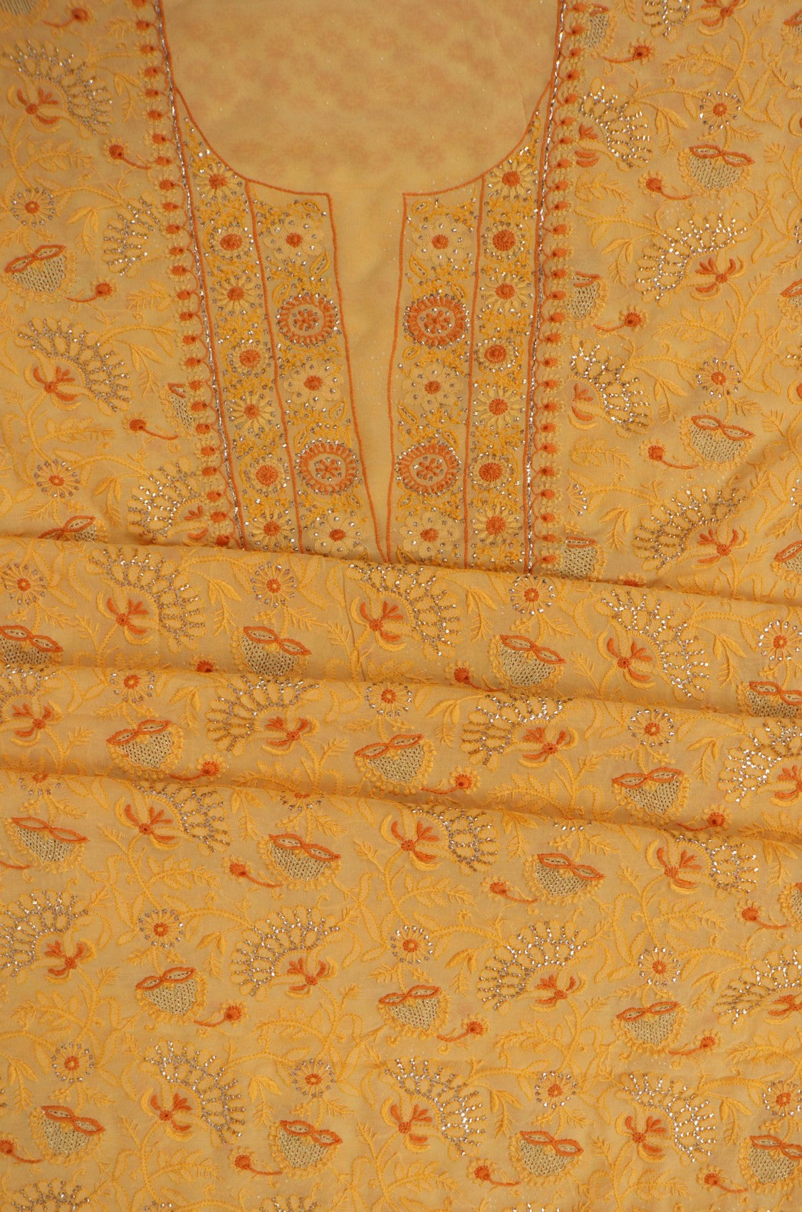 Ada Hand Embroidered Yellow Pure Georgette Lucknowi Chikankari Unstitched Suit Piece With Muqaish Work 01A157718