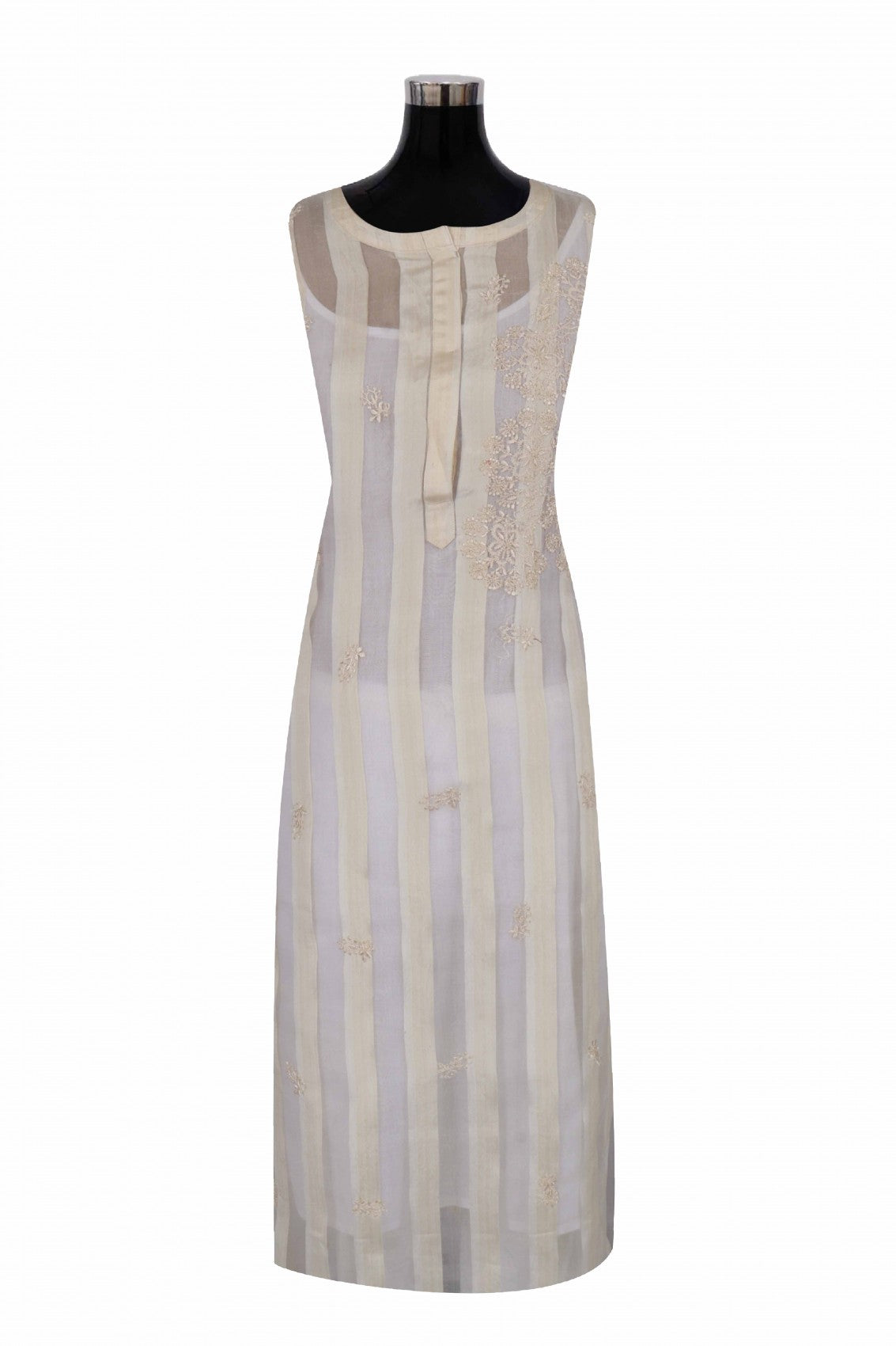 Ada Hand Embroidered Cream Silk Lucknowi Chikan Semi stitched Kurta Piece A623429