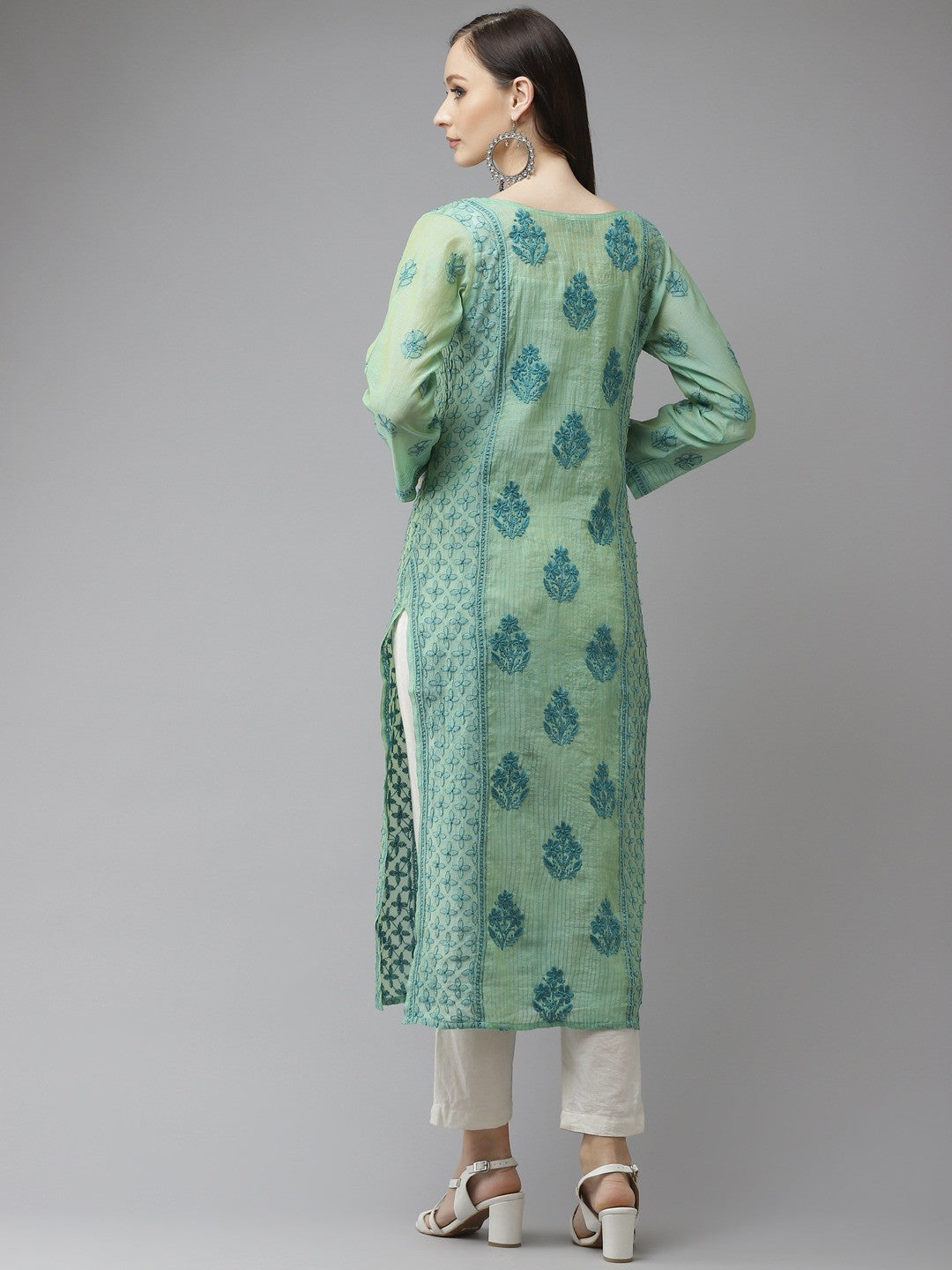Ada Hand Embroidered Sea Green Chanderi Lucknow Chikankari Kurta-A411315