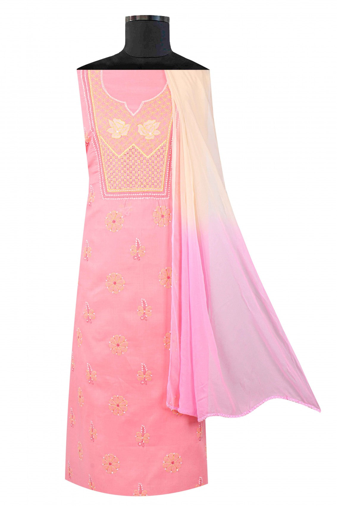 Ada Hand Embroidered Peach Cotton Lucknowi Chikankari Unstitched Suit Piece A610094