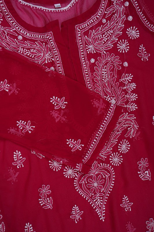 Ada Hand Embroidered Magenta Georgette Lucknow Chikan Kurta With Slip A411350