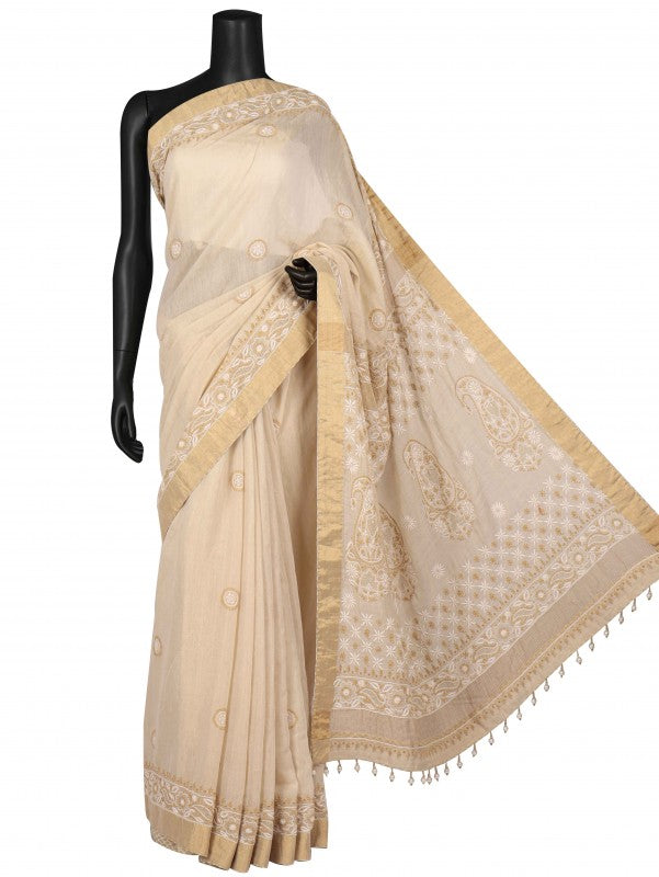 Ada Hand Embroidered Natural Fawn Tissue Lucknowi Chikankari Saree/Blouse With Zari Work A606168