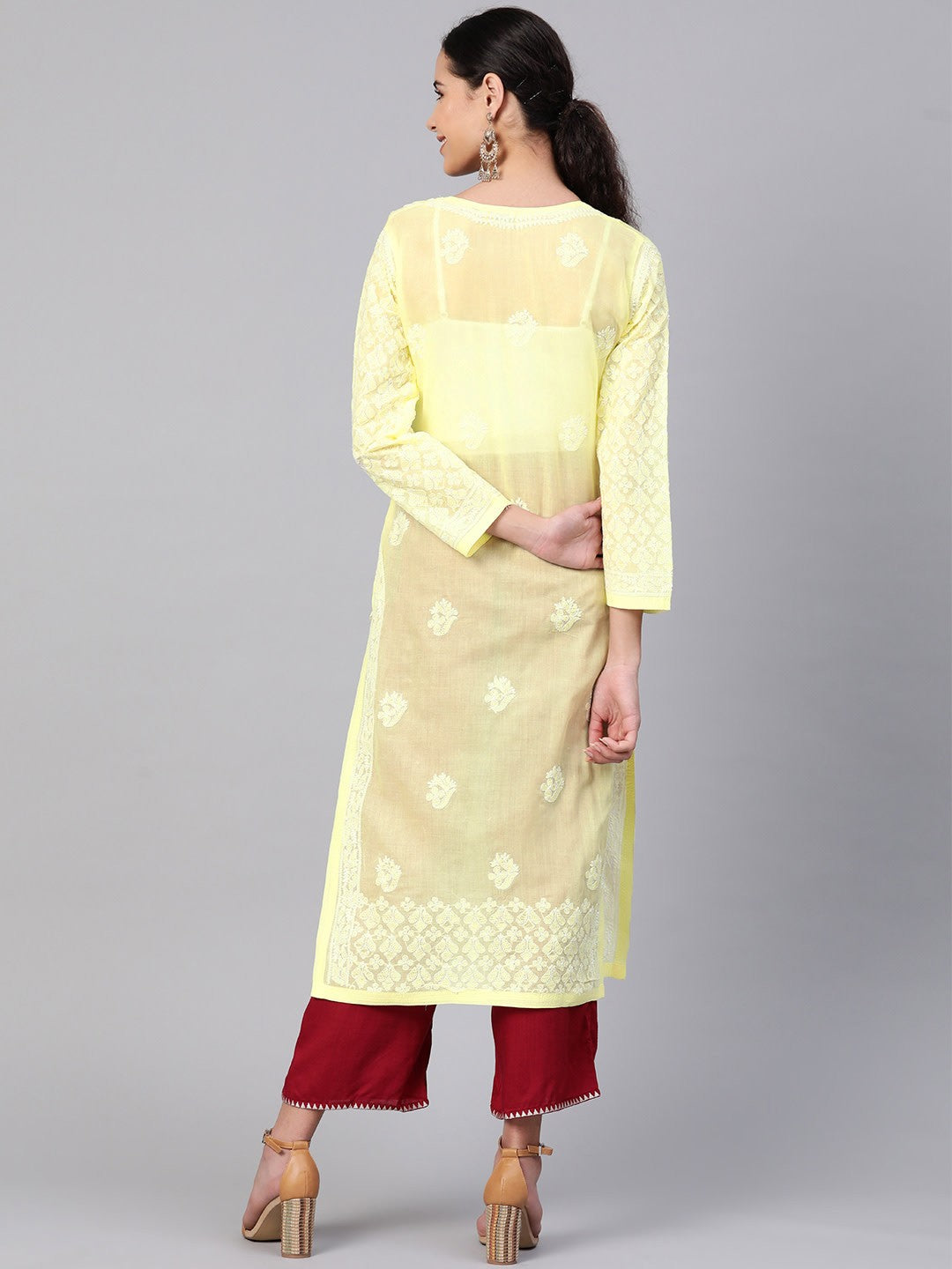 Ada Hand Embroidered Lemon Cotton Lucknow Chikankari Straight Kurta A100379