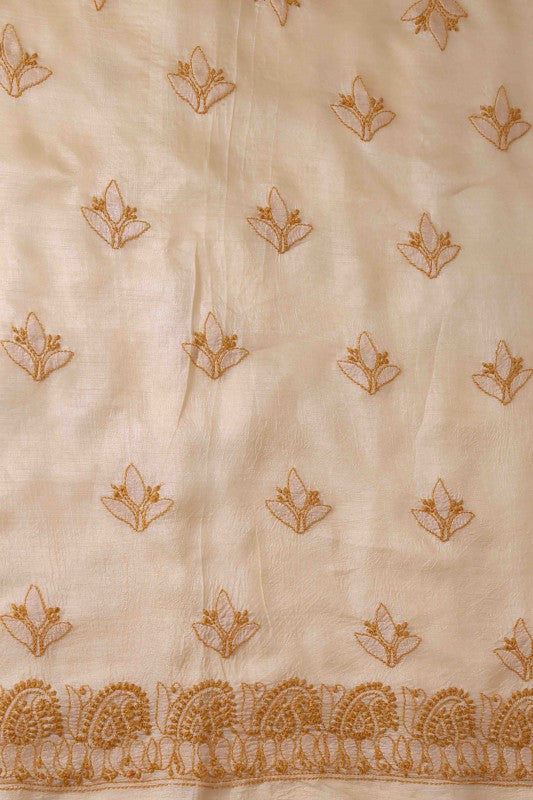 Ada Hand Embroidered Egg Nog Natural Cream Tusser Silk Lucknowi Chikan Unstitched Suit Piece-A446747