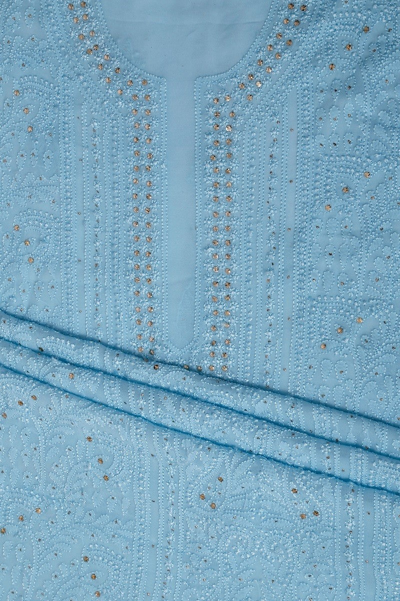 Ada Hand Embroidered Sky Blue Georgette Lucknowi Chikan Unstitched Kurta Dupatta with Muqaish Work A607173