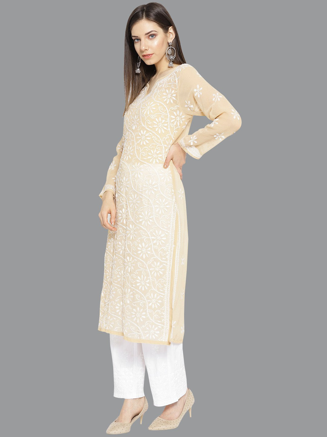 Ada Hand Embroidered Beige Georgette Lucknowi Chikankari Kurta/Palazzo with Slip A100022