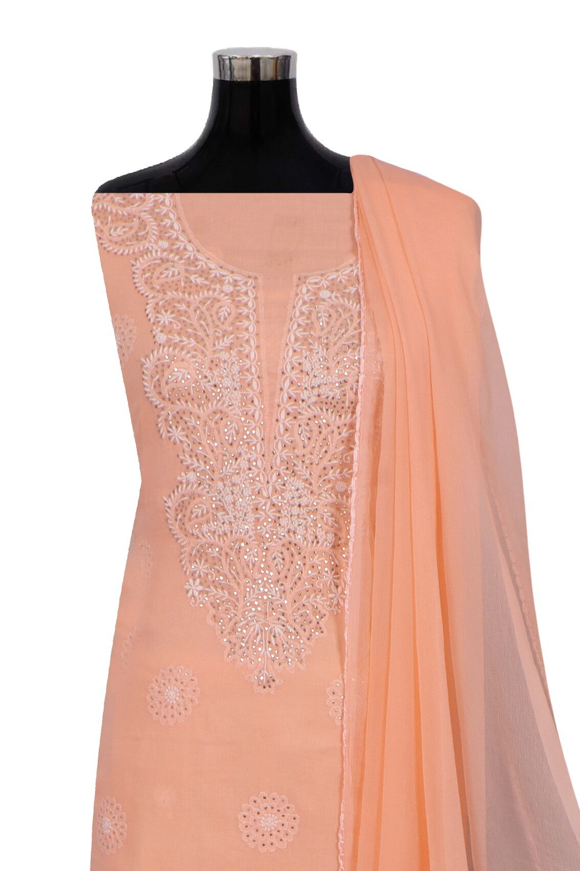Ada Hand Embroidered Peach Cotton Lucknowi Chikankari Unstitched Suit Piece With Muqaish Work 01A165718