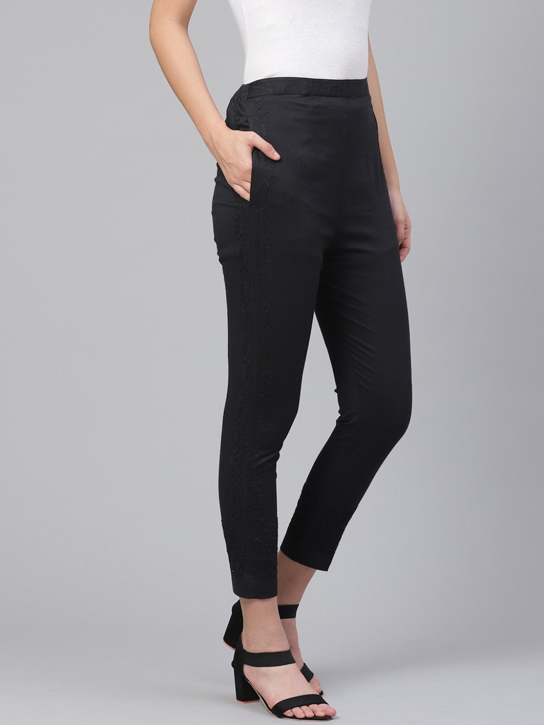 Ada Hand Embroidered Black Cotton Lucknowi Chikankari Trouser A215068