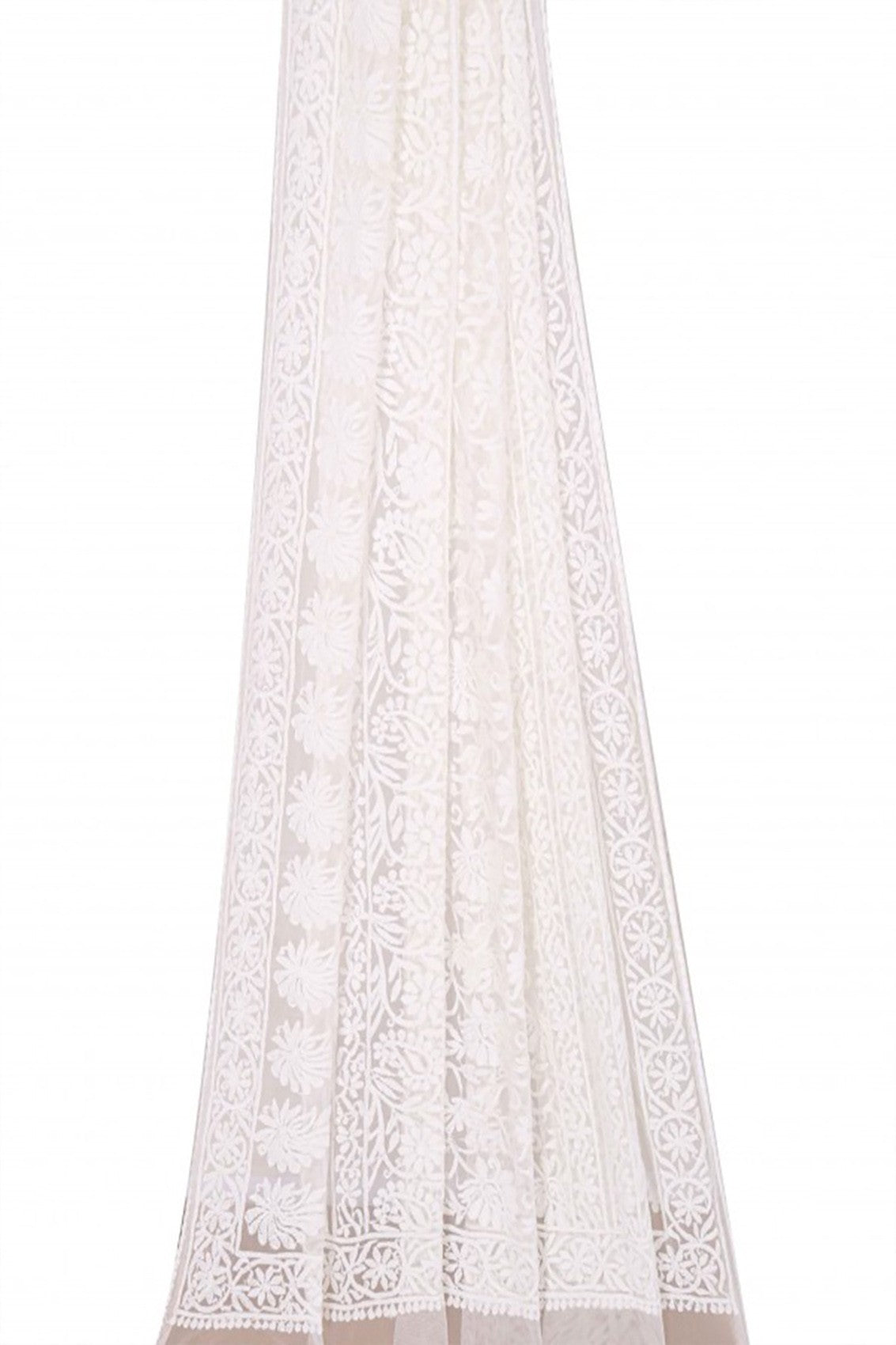 Ada Hand Embroidered White Net Lucknowi Chikankari Dupatta A478789