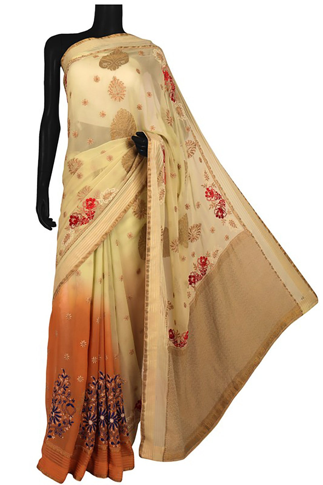 Ada Hand Embroidered Orange And Green Ombre Shade Pure Georgette Lucknowi Chikankari Saree With Blouse A39741