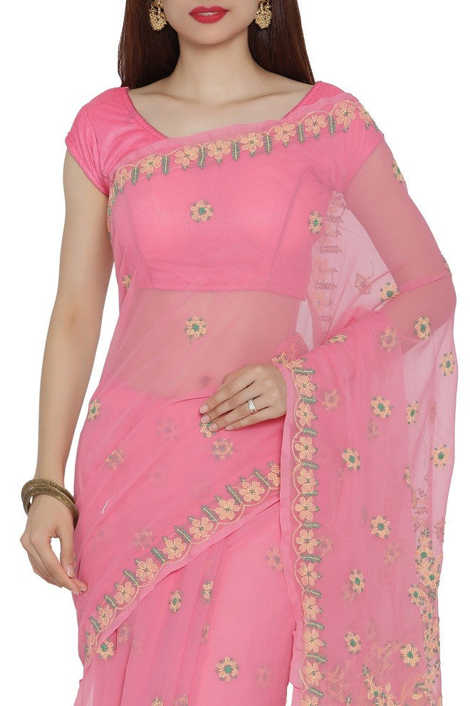 Ada Hand Embroidered Pink Georgette Lucknow Chikan Saree with Blouse A204981