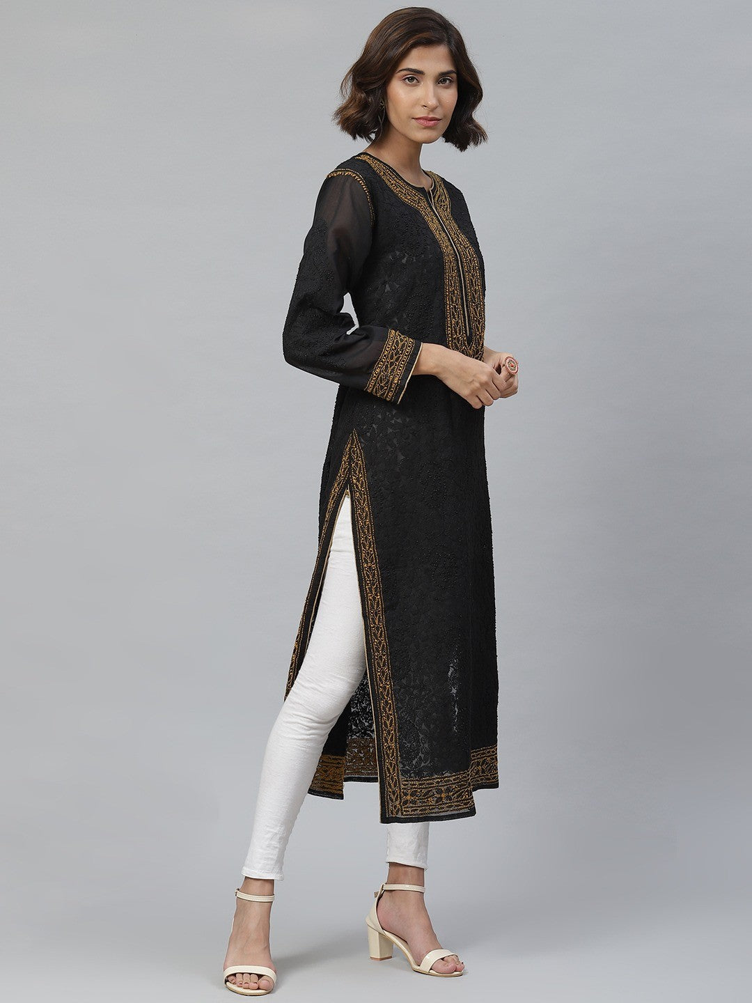 Ada Hand Embroidered Black Cotton Lucknow Chikankari Straight Kurta A411133