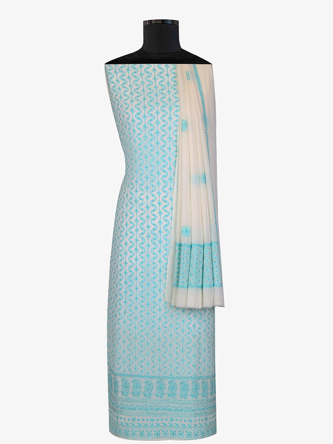 Ada Hand Embroidered White Pure Georgette Lucknowi Chikan Unstitched Kurta Dupatta With Pearl Work–A292101