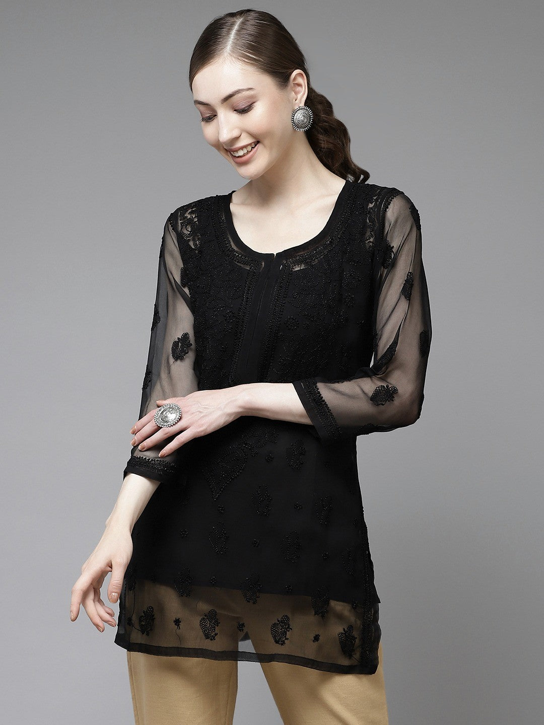 Ada Hand Embroidered Black Georgette Lucknow Chikan Kurti with slip A911139