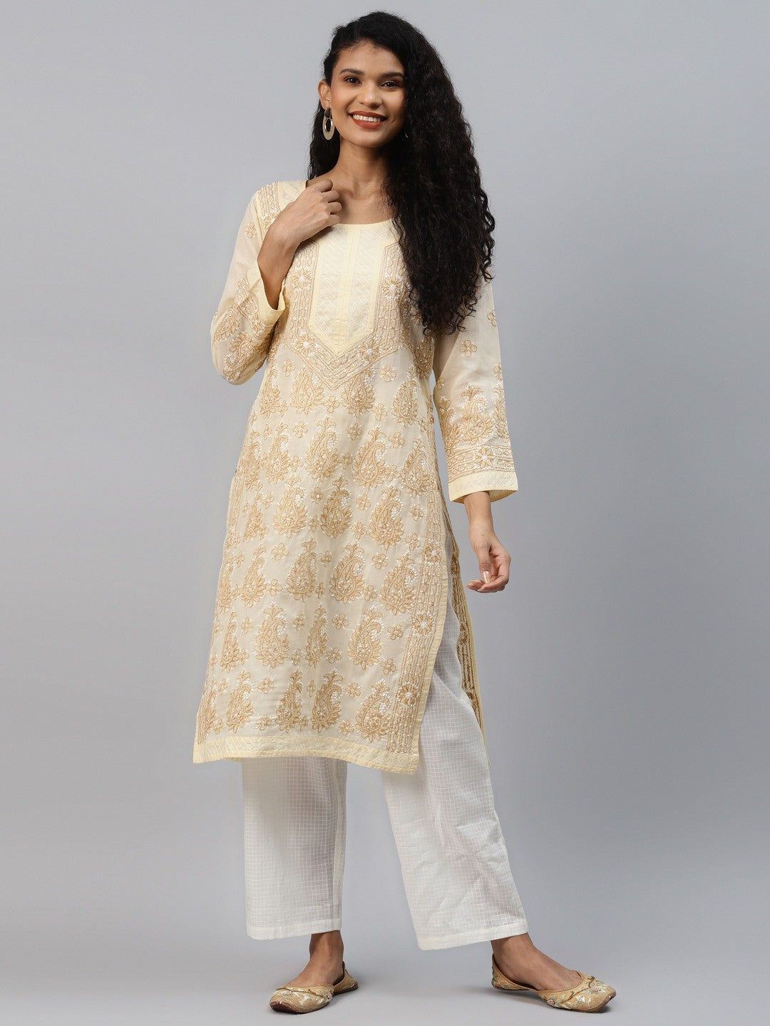 Ada Hand Embroidered Fawn Cotton Lucknowi Chikankari Straight Kurta A238244