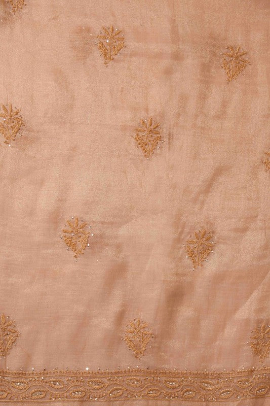 Ada Hand Embroidered Peach Tissue Lucknowi Chikankari Semi-stitched Kurta Dupatta Set With Muqaish Work-A588033