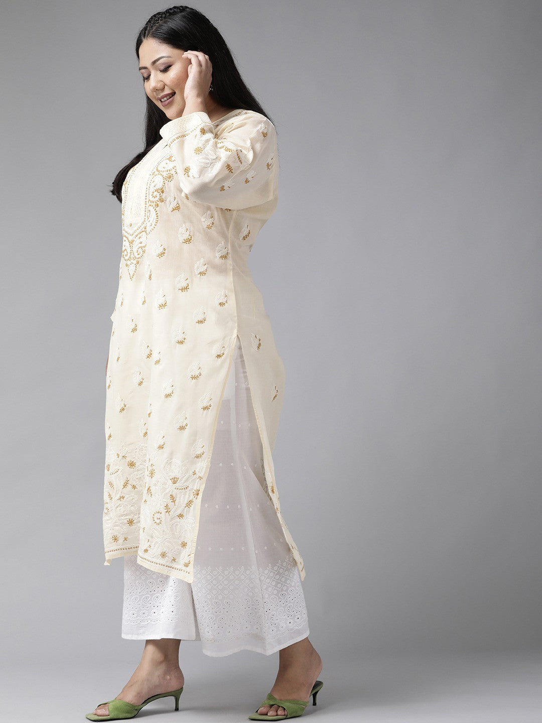 Ada Hand Embroidered Cream Cotton Lucknow Chikan Straight Kurta A411182