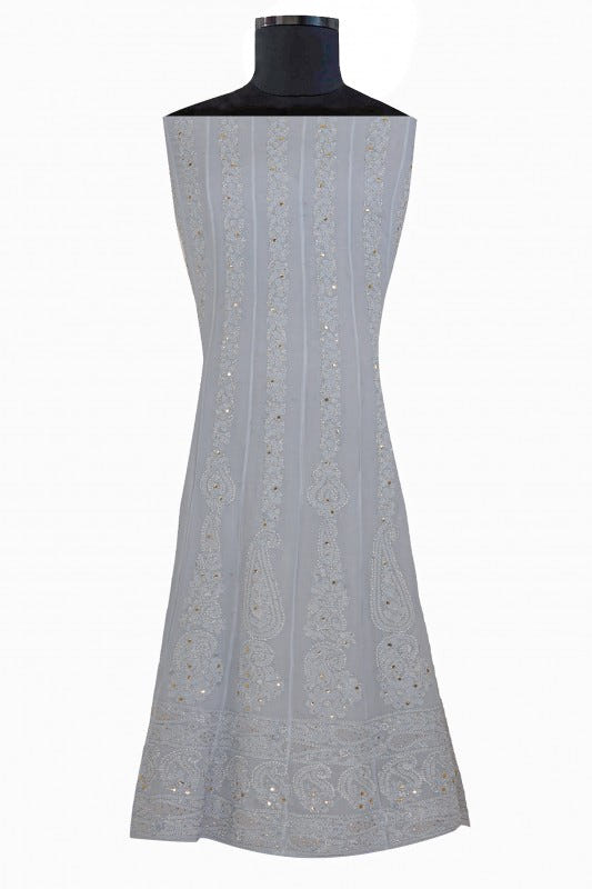 Ada Hand Embroidered Grey Georgette Lucknowi Chikankari Semi-stitched Anarkali Kurta Dupatta Set With Muqaish Work- A607087