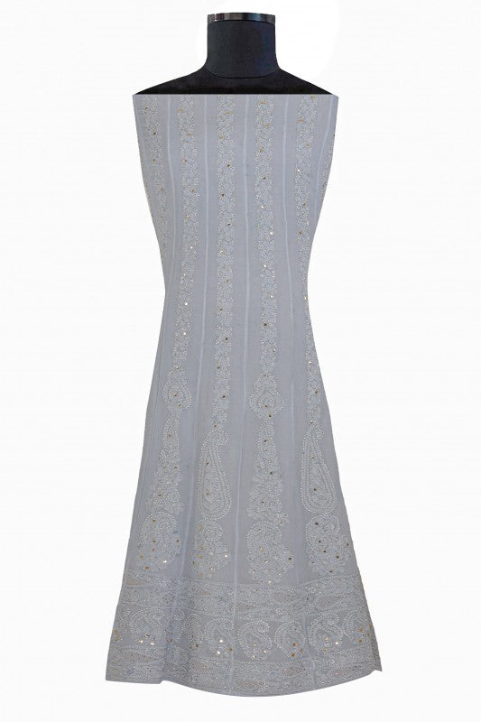 Ada Hand Embroidered Grey Georgette Lucknowi Chikankari Semi-stitched Anarkali Kurta Dupatta Set With Muqaish Work- A607087