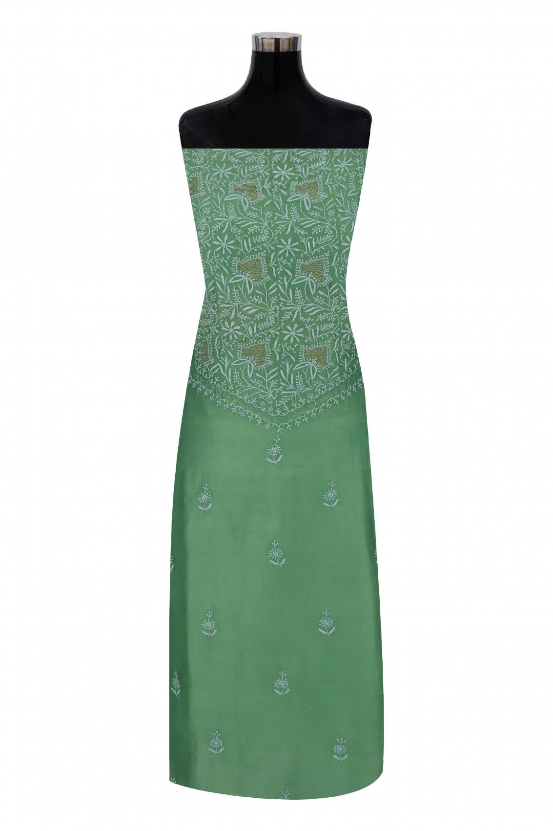 Ada Hand Embroidered Pickle Green Chanderi Lucknowi Chikankari Semi-stitched Kurta Dupatta Set With Zari Work 01A129514