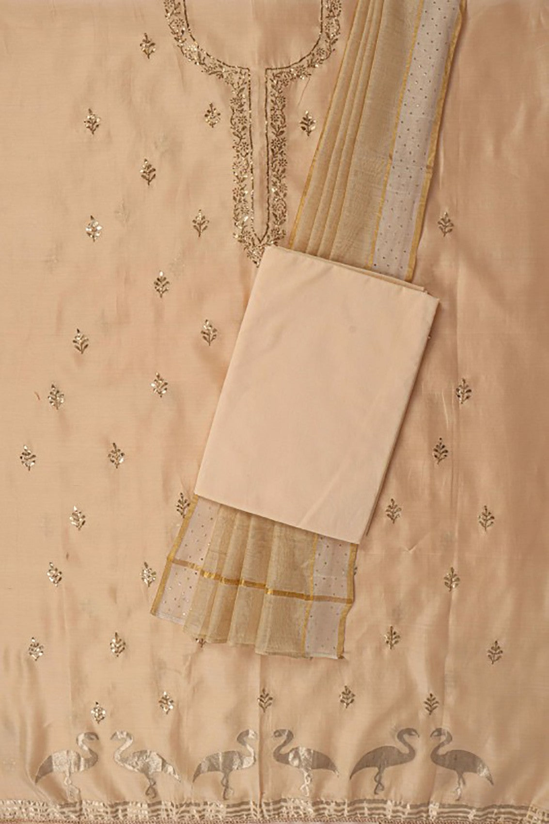 Ada Hand Embroidered Fawn Chanderi Lucknowi Chikankari Unstitched Suit Piece With Gota Patti Work A507952