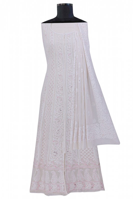 Ada Hand Embroidered White Pure Georgette Lucknowi Chikankari Semi-stitched Anarkali Kurta Dupatta Set With Sequinned & Pearl Work- A623655