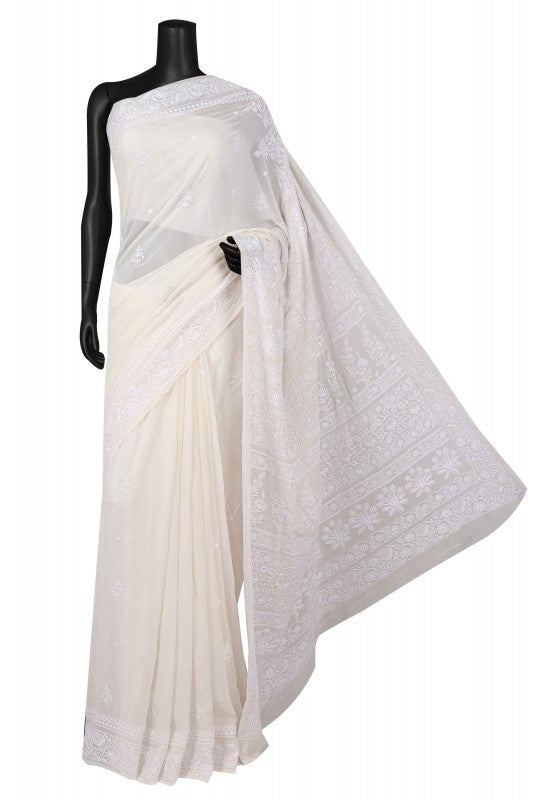 Ada Hand Embroidered White Pure Georgette Lucknowi Chikankari Saree with Blouse A631928