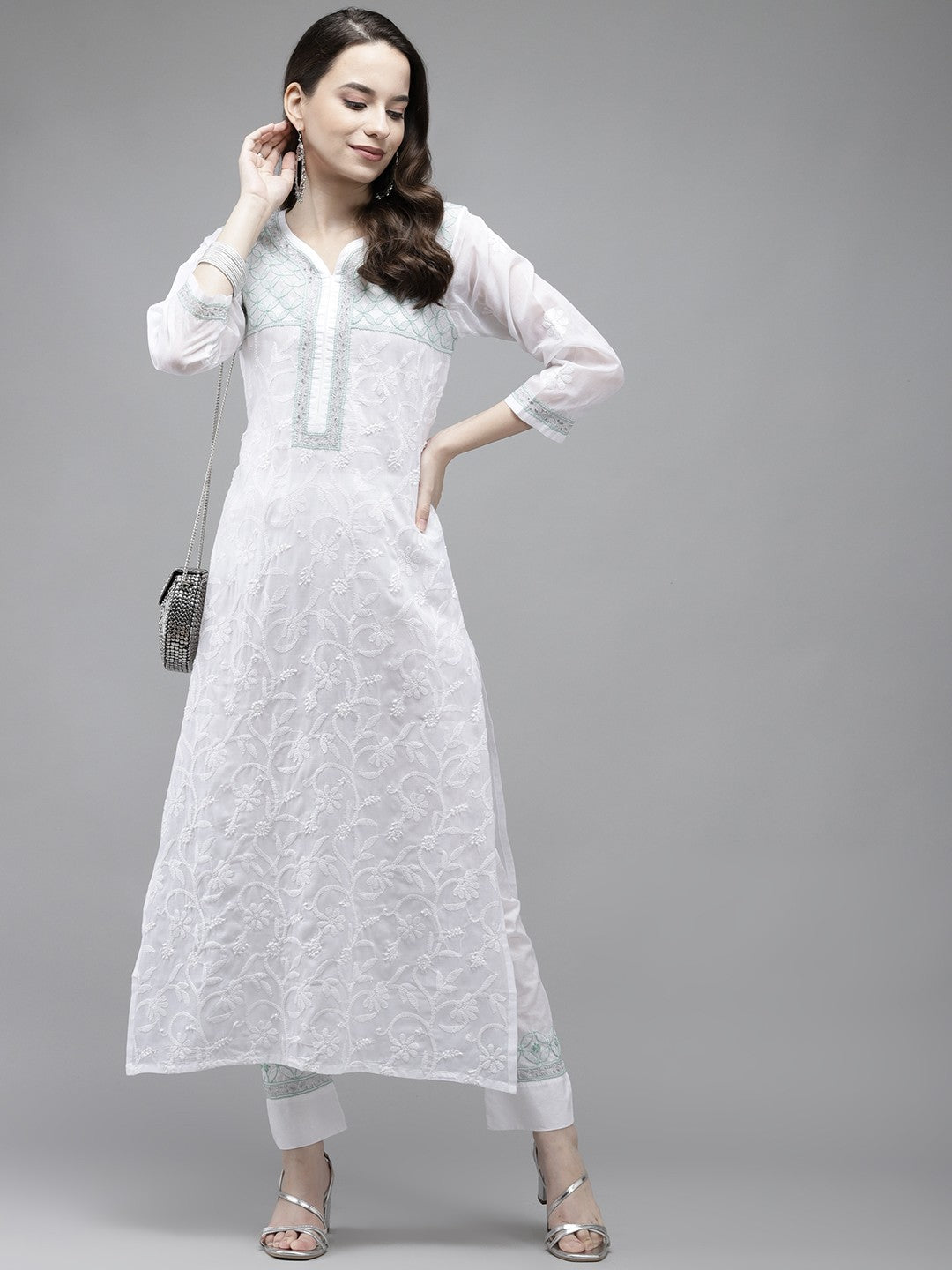 Ada Hand Embroidered White Cotton Lucknowi Chikankari Straight Kurta With Zari Work A411439