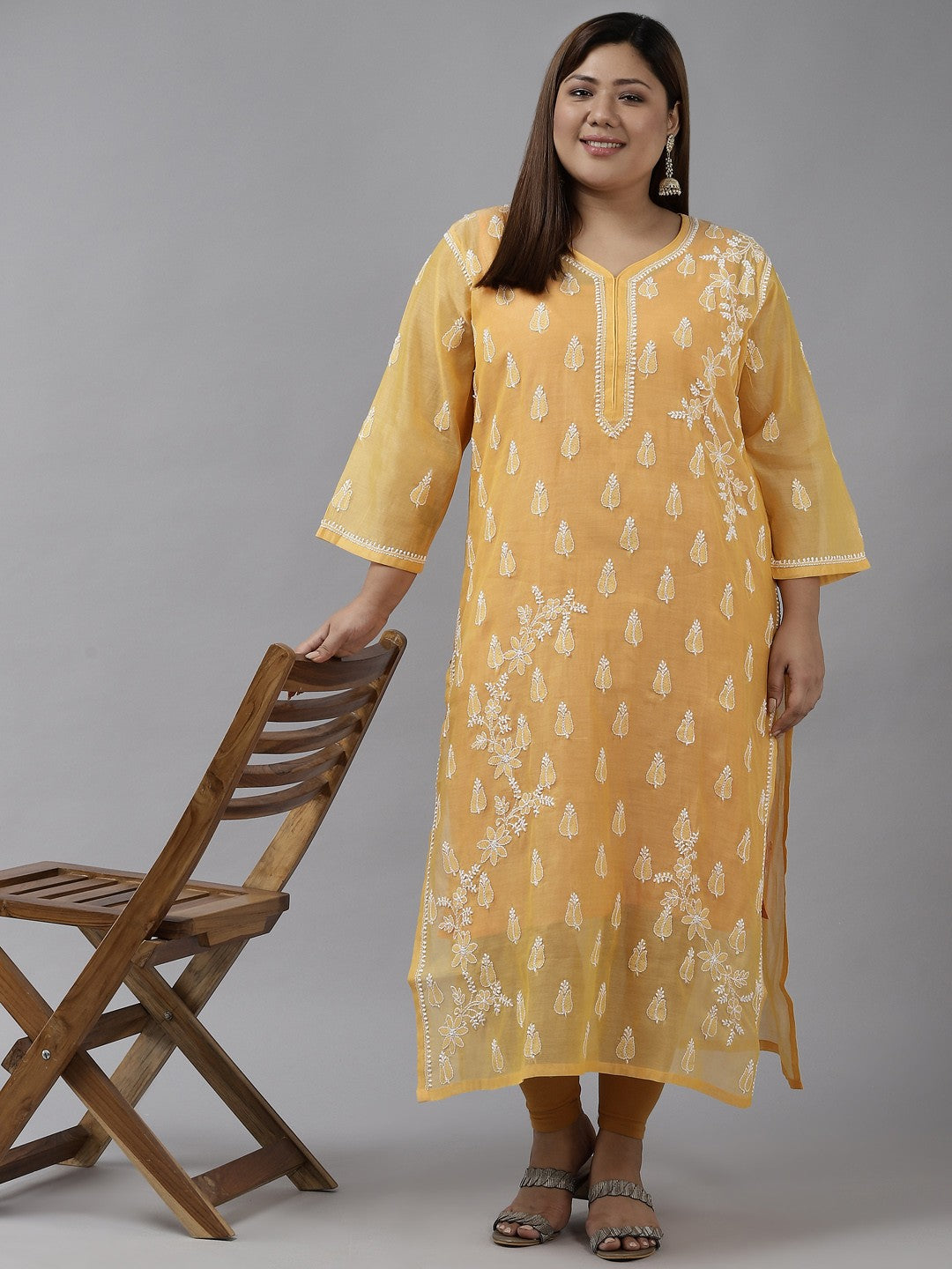 Ada Hand Embroidered Yellow Chanderi Lucknow Chikankari Straight  Kurta A411375