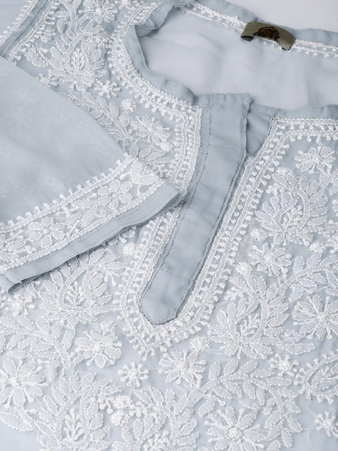 Ada Hand Embroidered Grey Faux Georgette Lucknowi Chikankari Kurta Set with Slip A100043