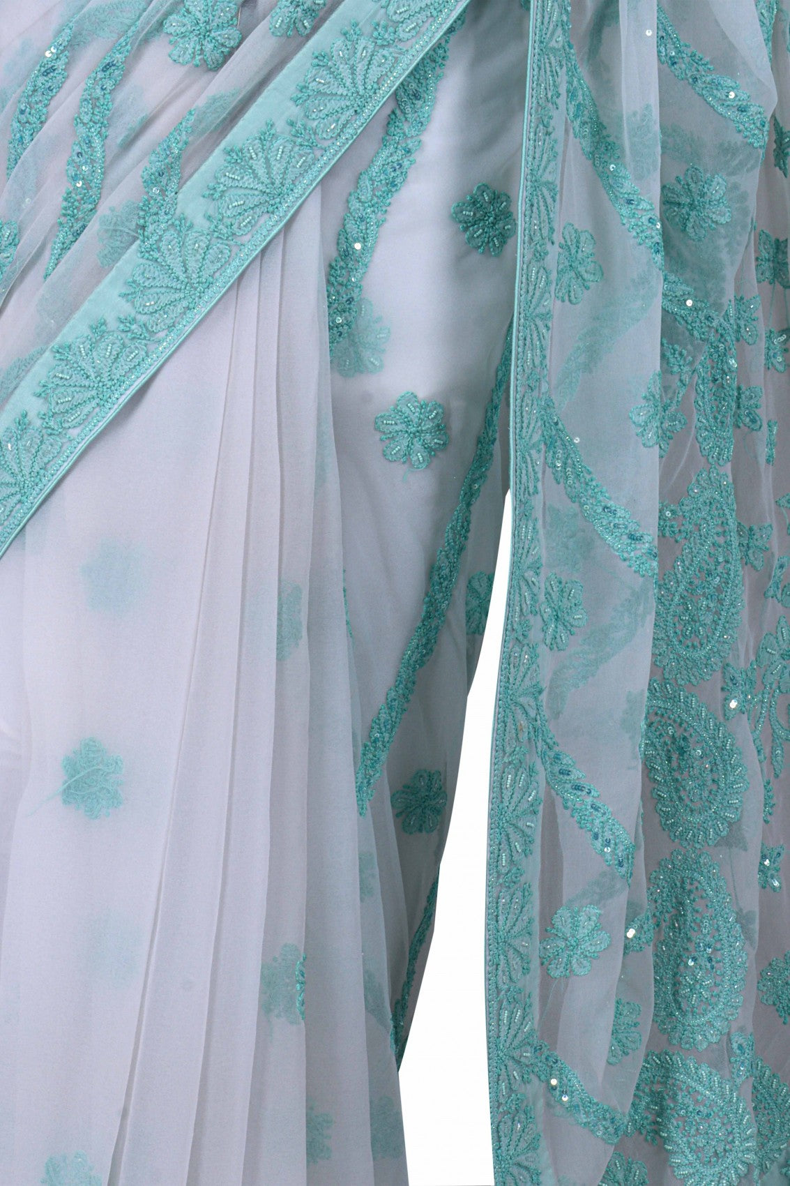 Ada Hand Embroidered White Georgette Lucknowi Chikankari Saree/Blouse With Pearl Work A354465