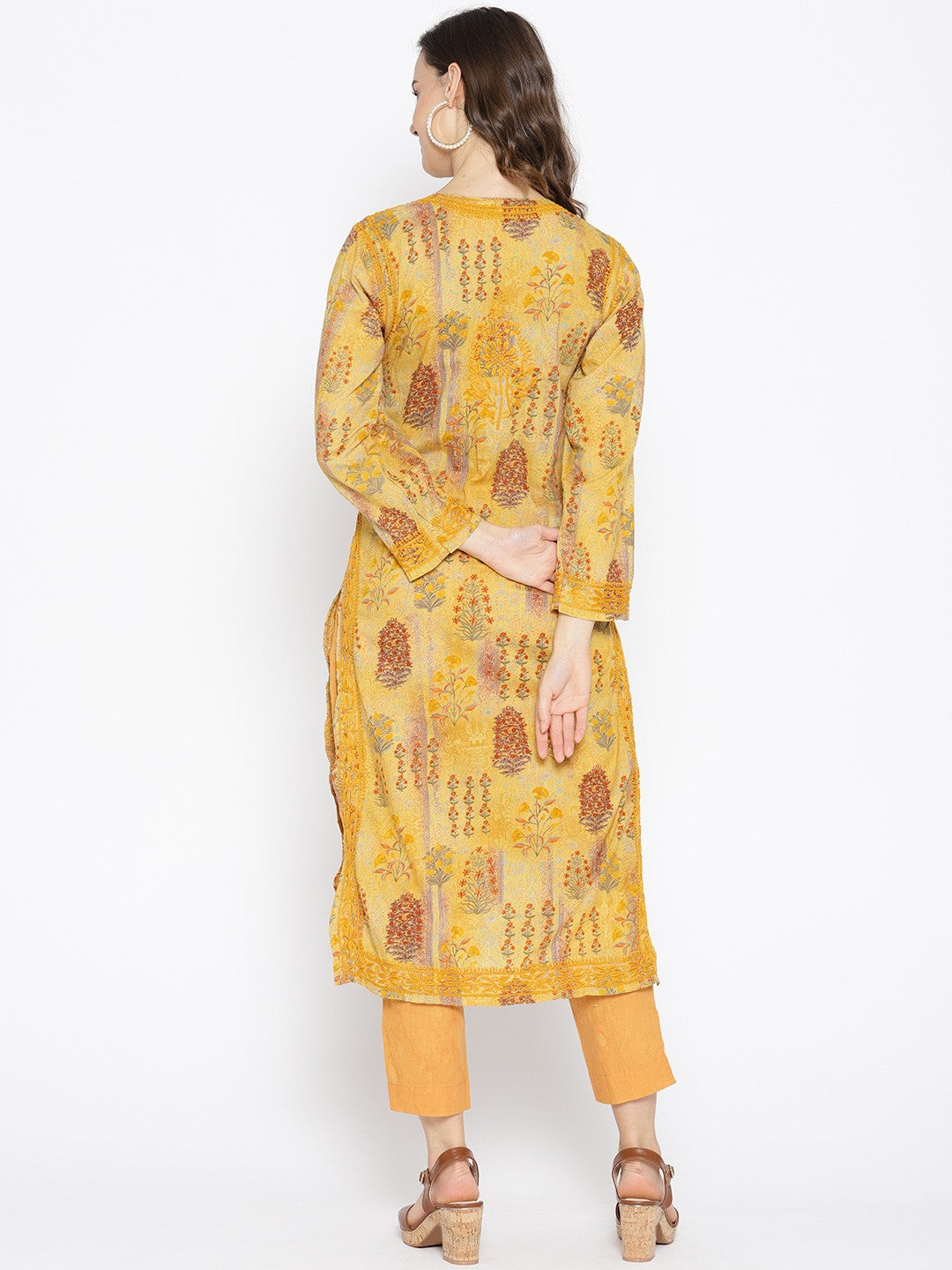 Ada Hand Embroidered Mustard Printed Cotton Chikan Kurta- A100060