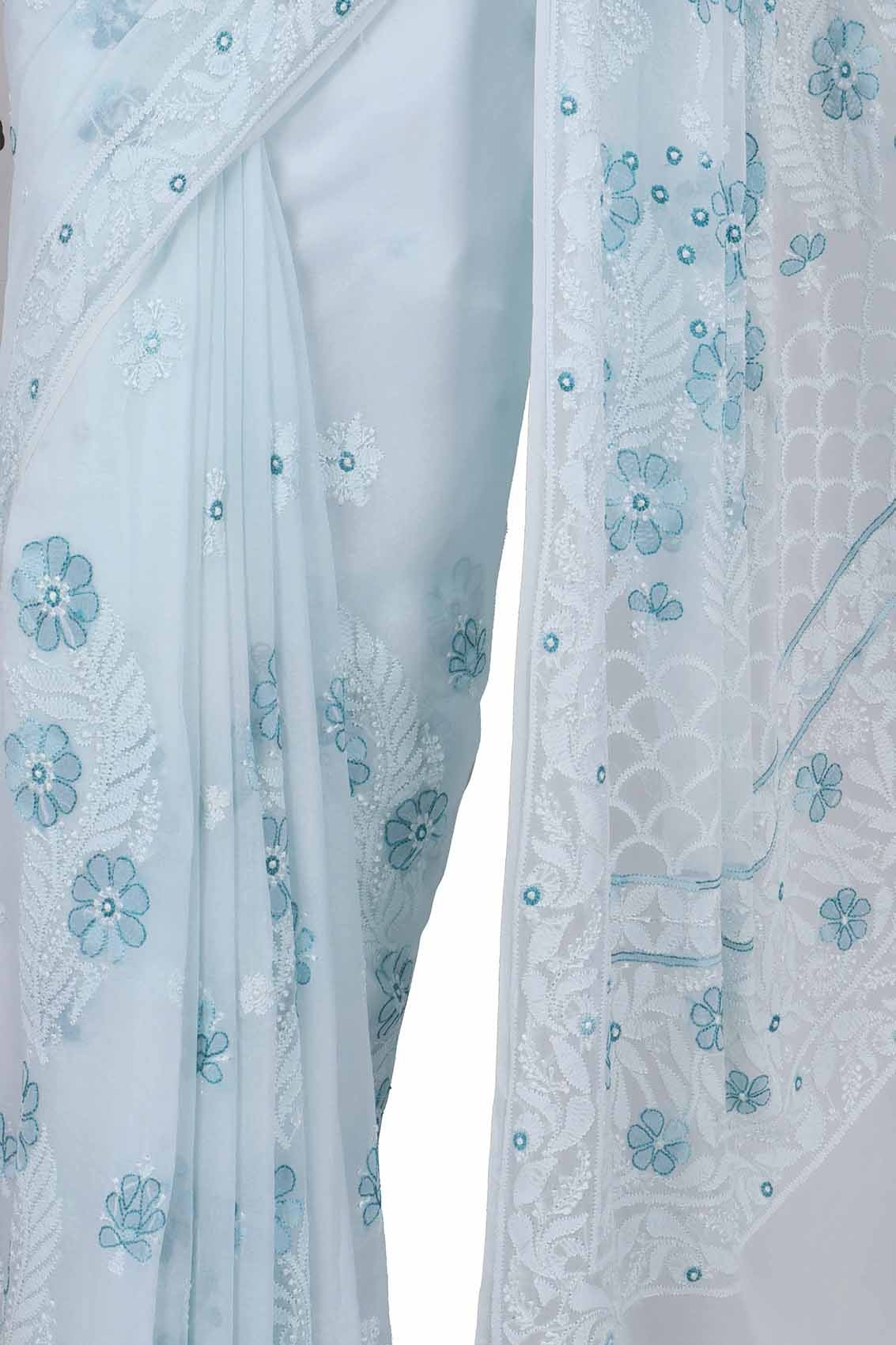 Ada Hand Embroidered White Georgette Lucknowi Chikankari Saree With Blouse A588641