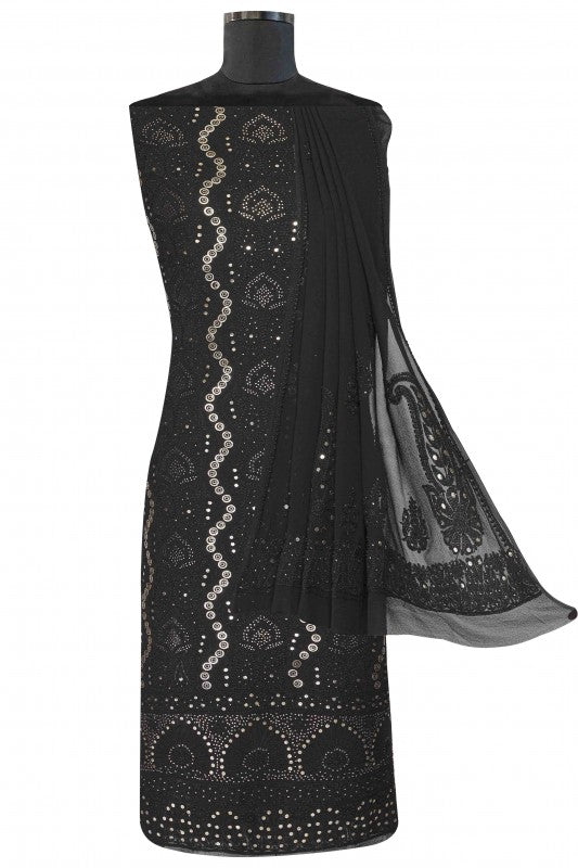 Ada Hand Embroidered Black Pure Georgette Chikan Unstitched Kurta Dupatta Set With Muqaish Work- A303052