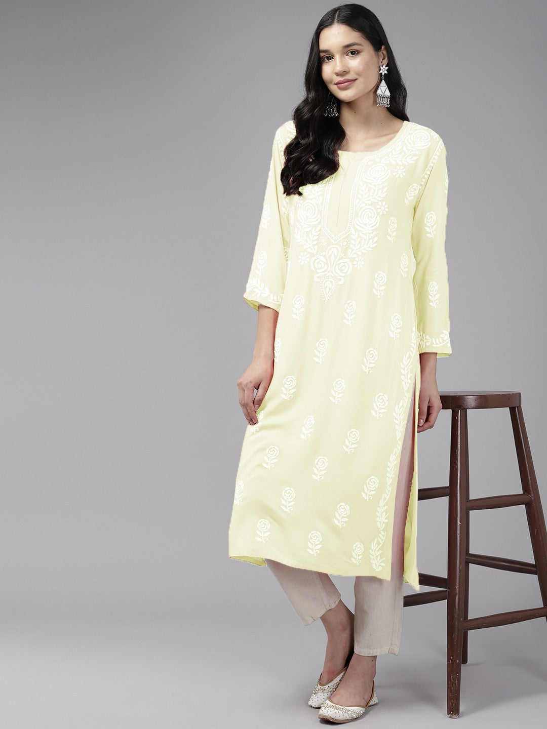 Ada Hand Embroidered Lemon Rayon Lucknowi Chikankari Straight Kurta A411452