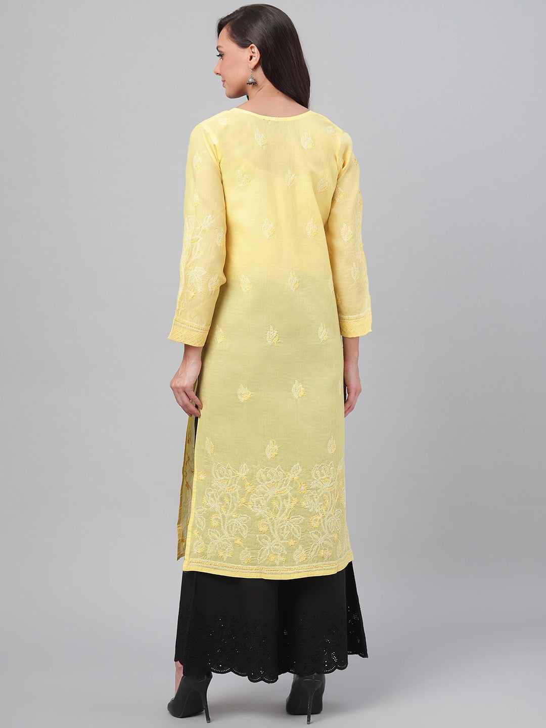 Ada Hand Embroidered Yellow Cotton Lucknowi Chikankari Straight Kurta A229829