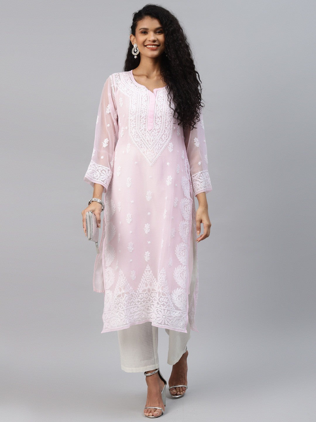 Ada Hand Embroidered Powder Pink Georgette Lucknowi Chikankari Straight Kurta with Slip A411208