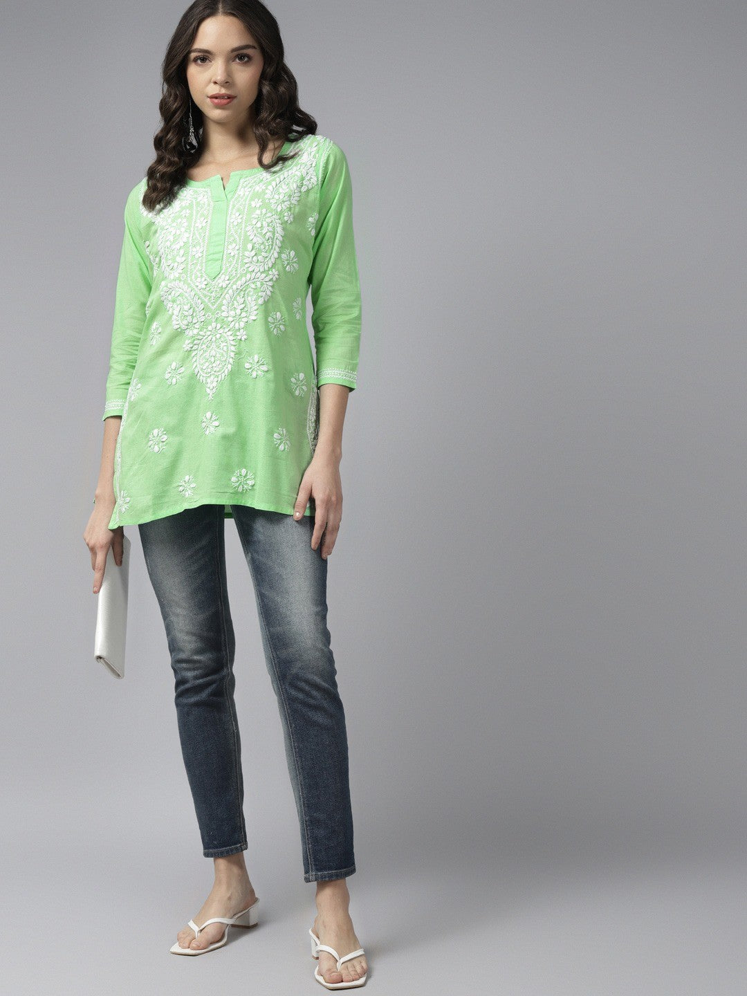 Ada Hand Embroidered Green Cotton Lucknowi Chikankari Short Kurti A911185