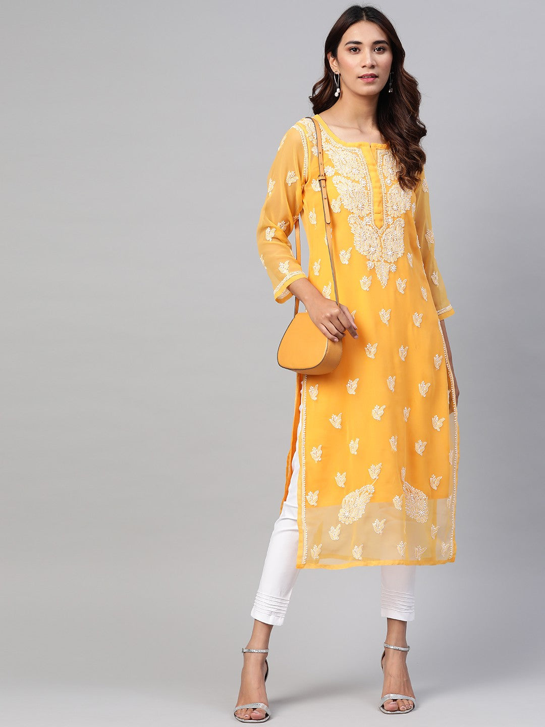 Ada Hand Embroidered Mustard Georgette Lucknowi Chikankari Straight Kurta Set With Slip A811164