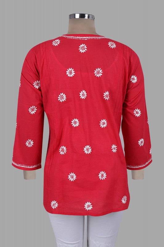 Ada Hand Embroidered Carrot Pink Cotton Lucknowi Chikankari Straight Kurti A911288