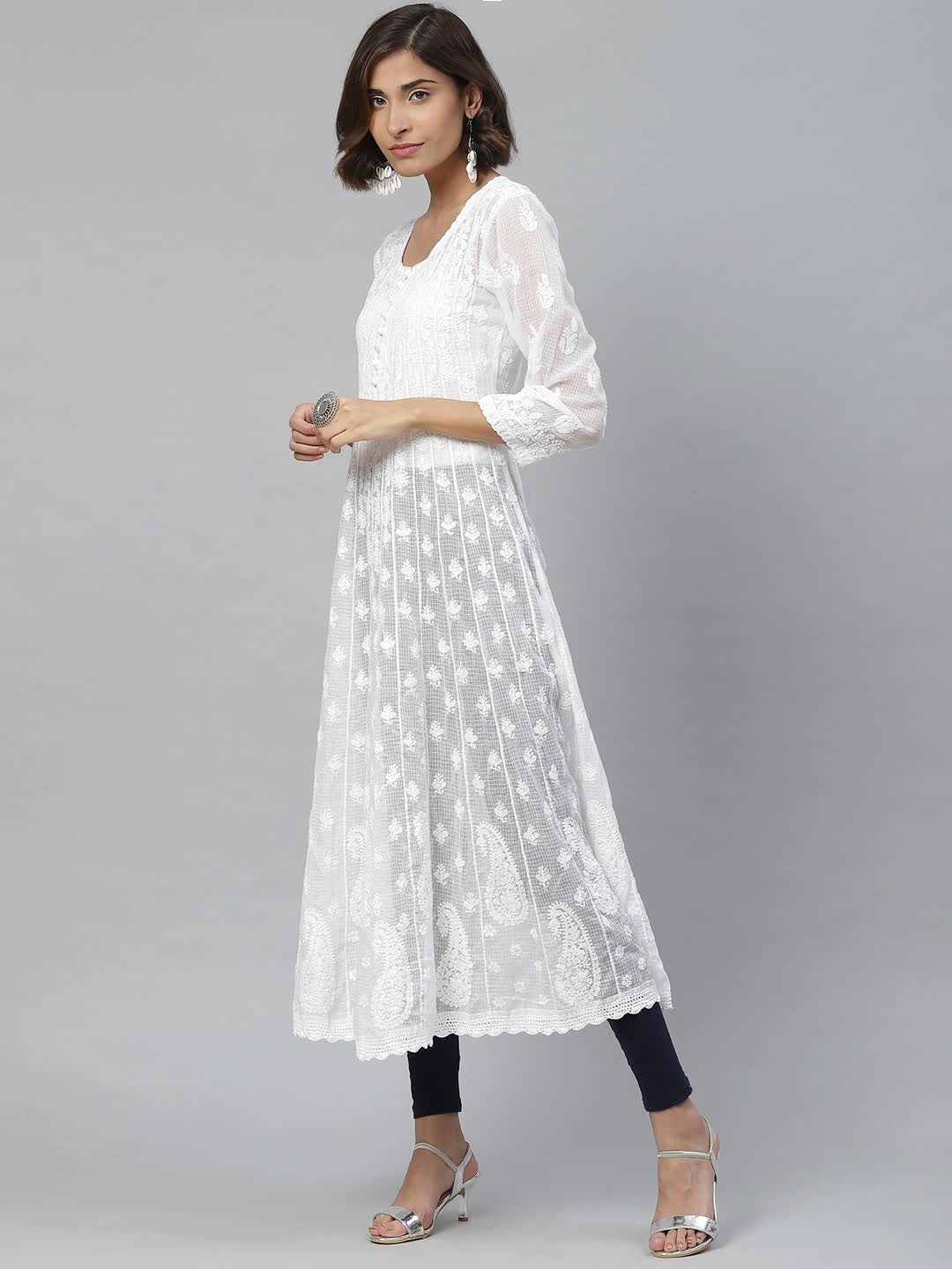 Ada Hand Embroidered White Kota Lucknowi Chikan Straight Kurta A411120