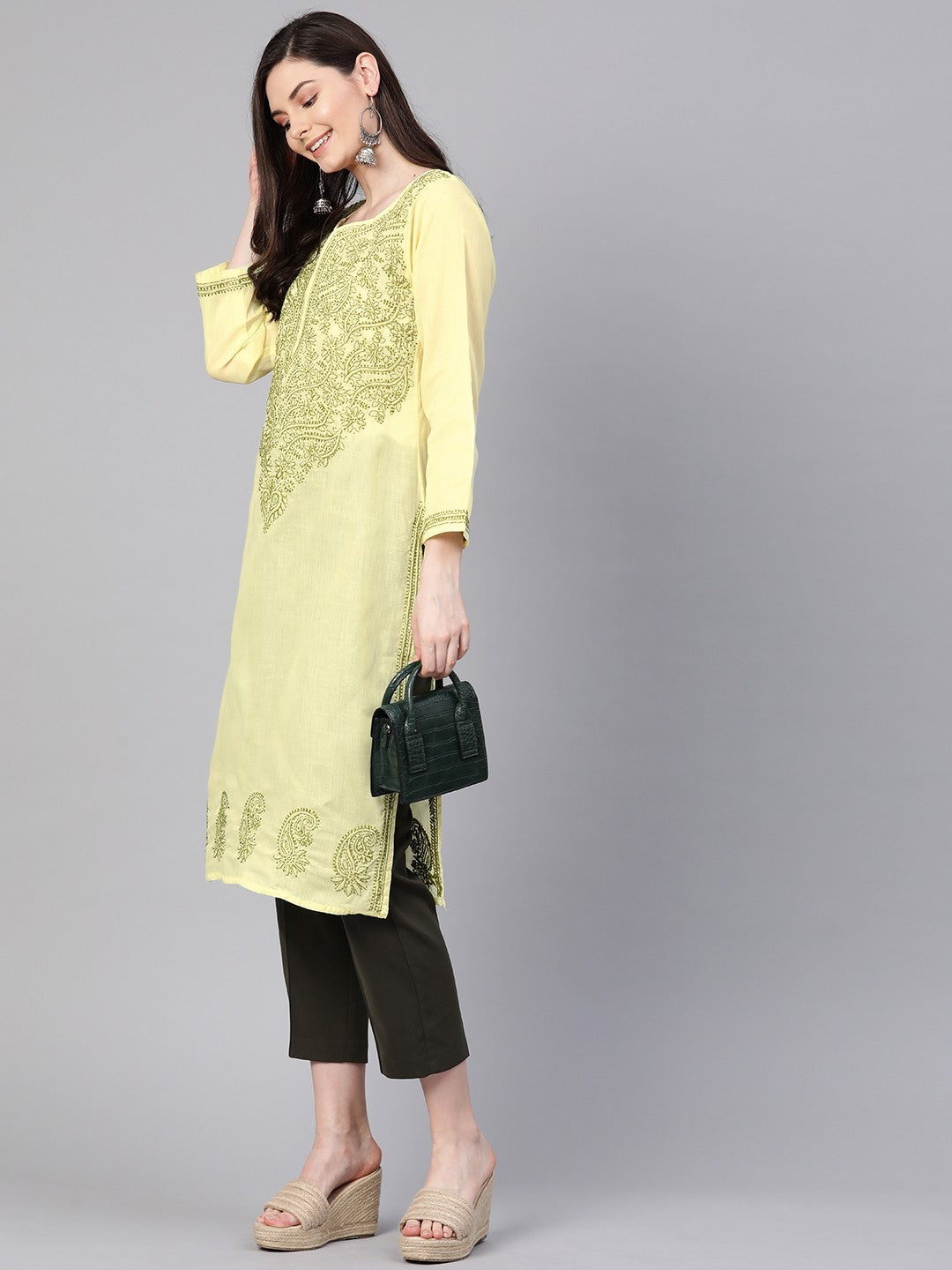 Ada Hand Embroidered Lemon Cotton Lucknowi Chikankari Kurta Straight A100370