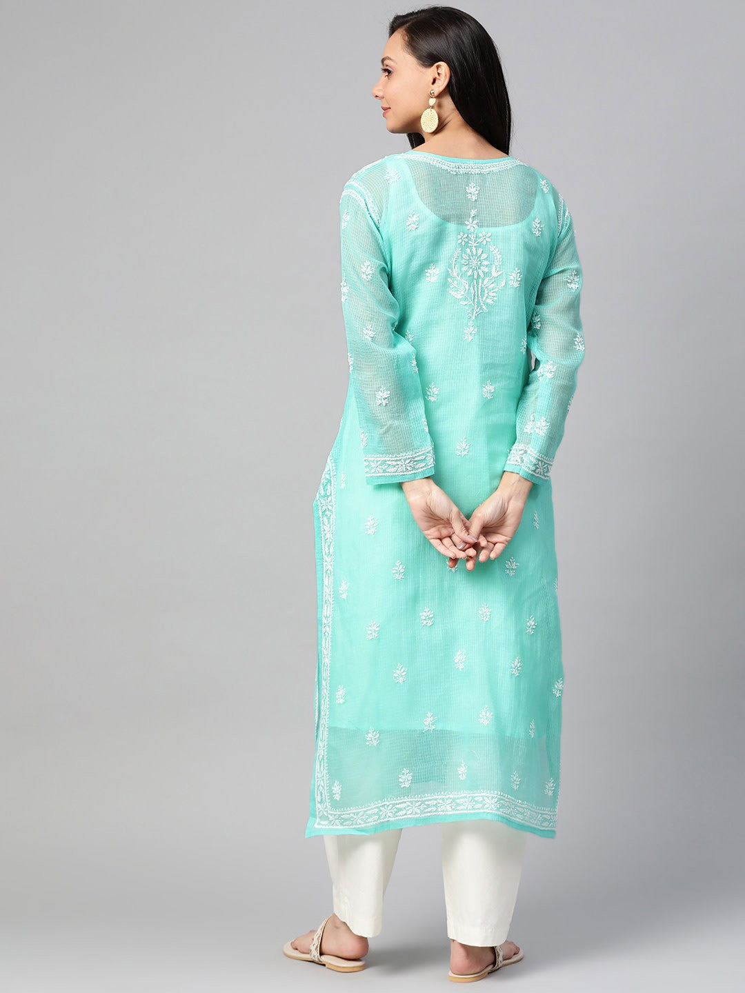 Ada Hand Embroidered Sea Green Kota Lucknowi Chikankari Straight Kurta With Slip A100533