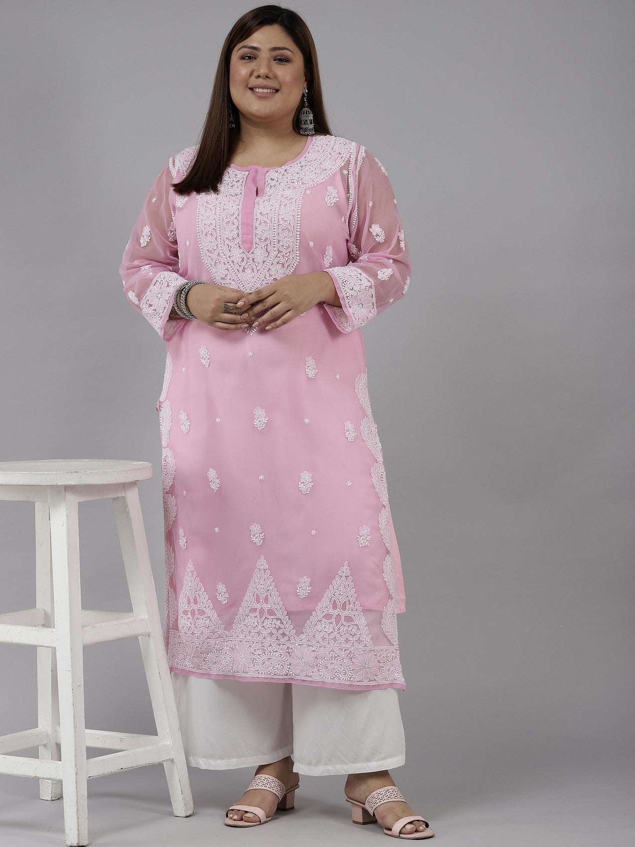 Ada Hand Embroidered Onion Pink Georgette Lucknowi Chikankari Straight Kurta With Slip A411197