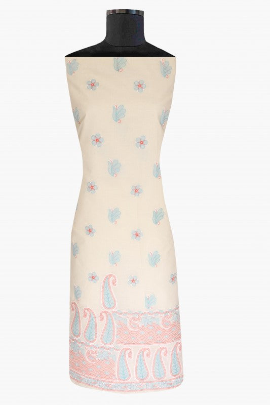 Ada Hand Embroidered Cream/Pink Cotton Lucknowi Chikan Unstitched Suit Piece A621490
