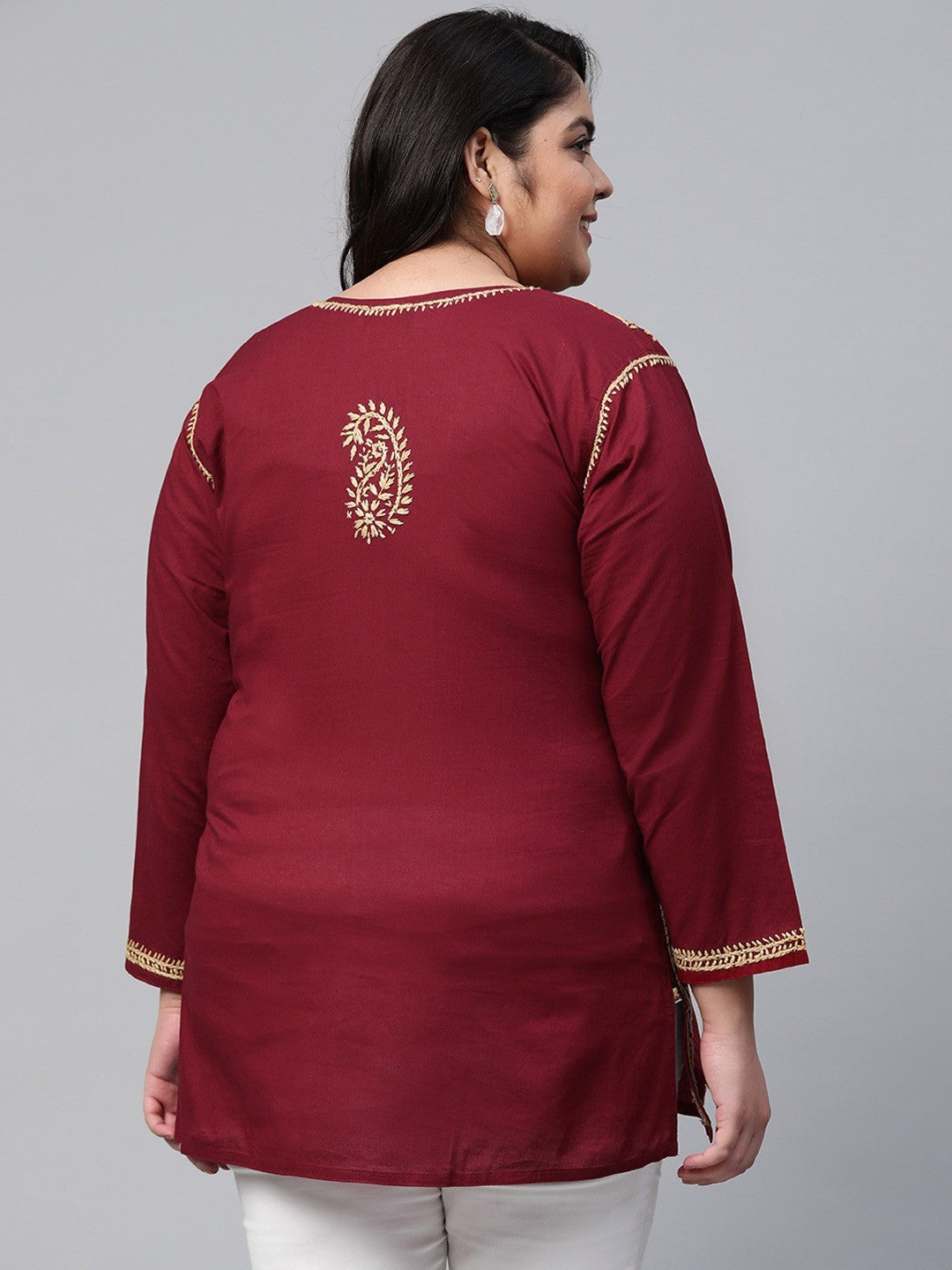 Ada Hand Embroidered Maroon Cotton Lucknowi Chikan Short Kurti A250481