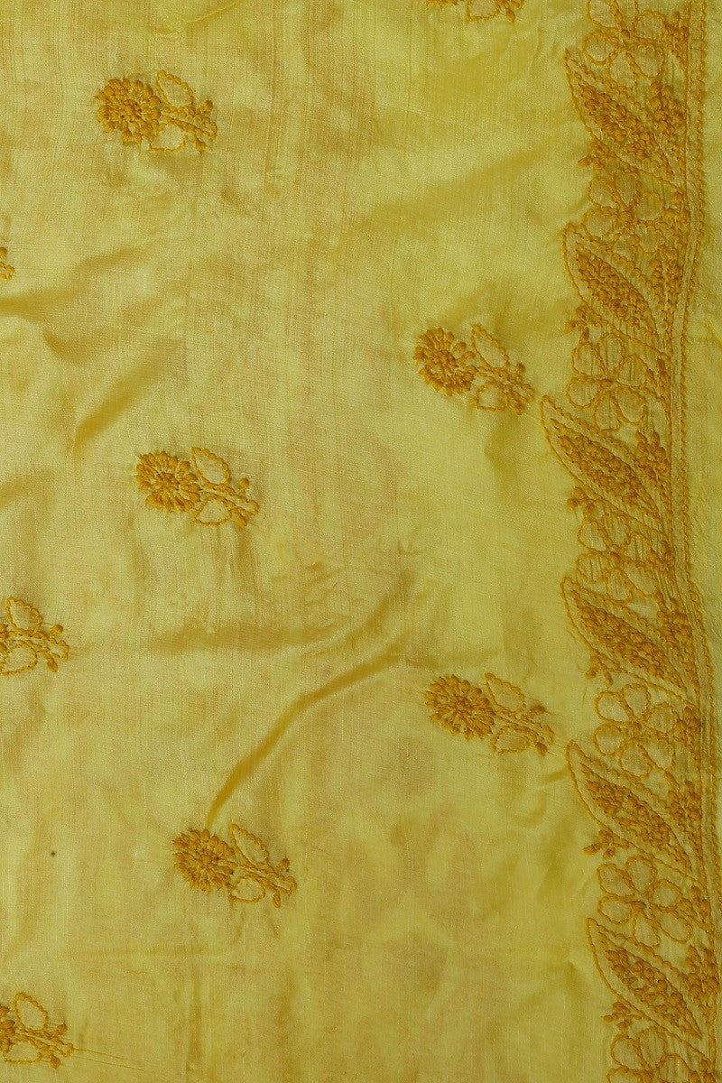 Ada Hand Embroidered Butter Yellow Tusser Silk Chikan Unstitched Kurta Piece A584789